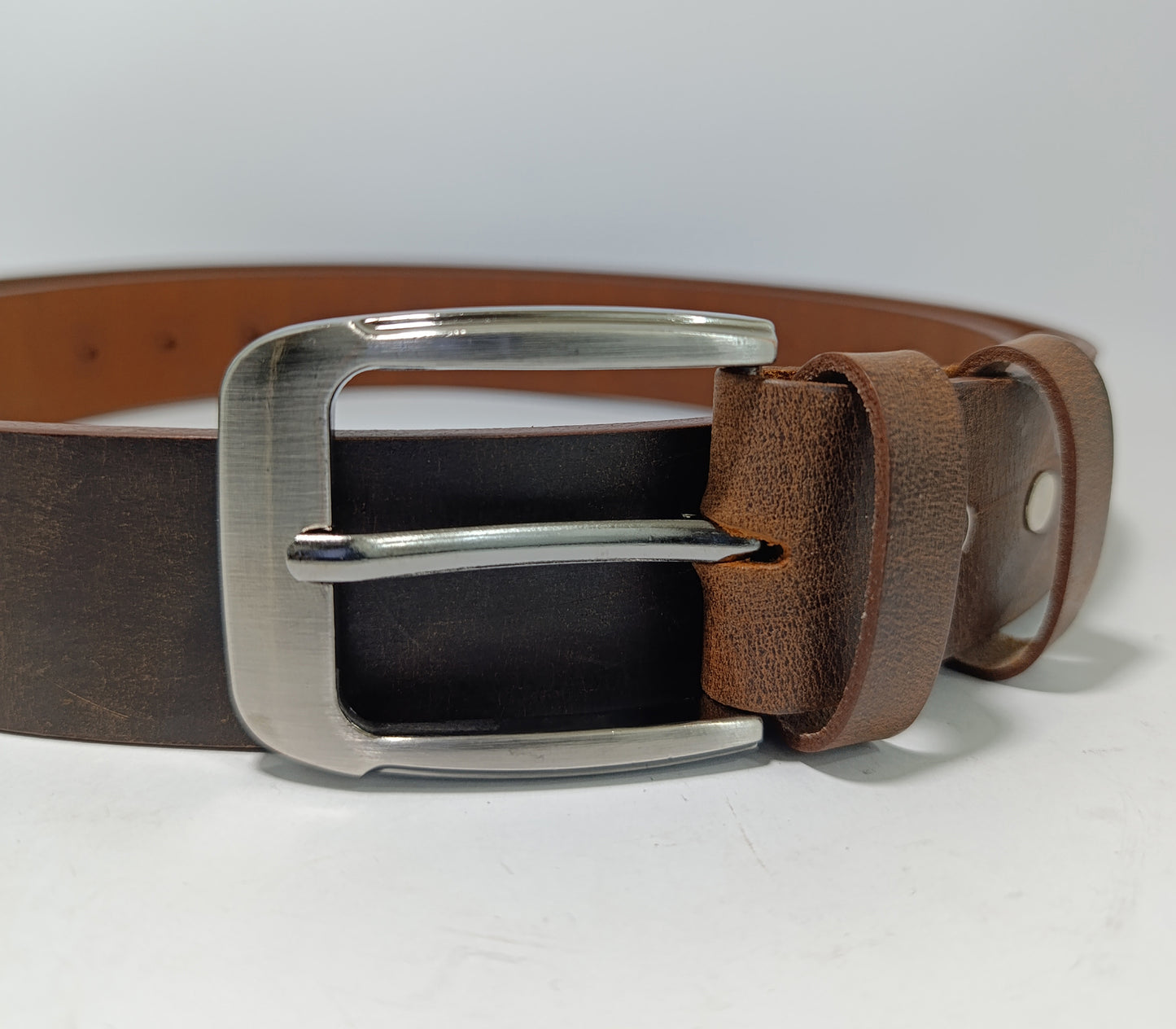 Premium Two Tone Full Grain Leather Belt with Brushed Metal Buckle