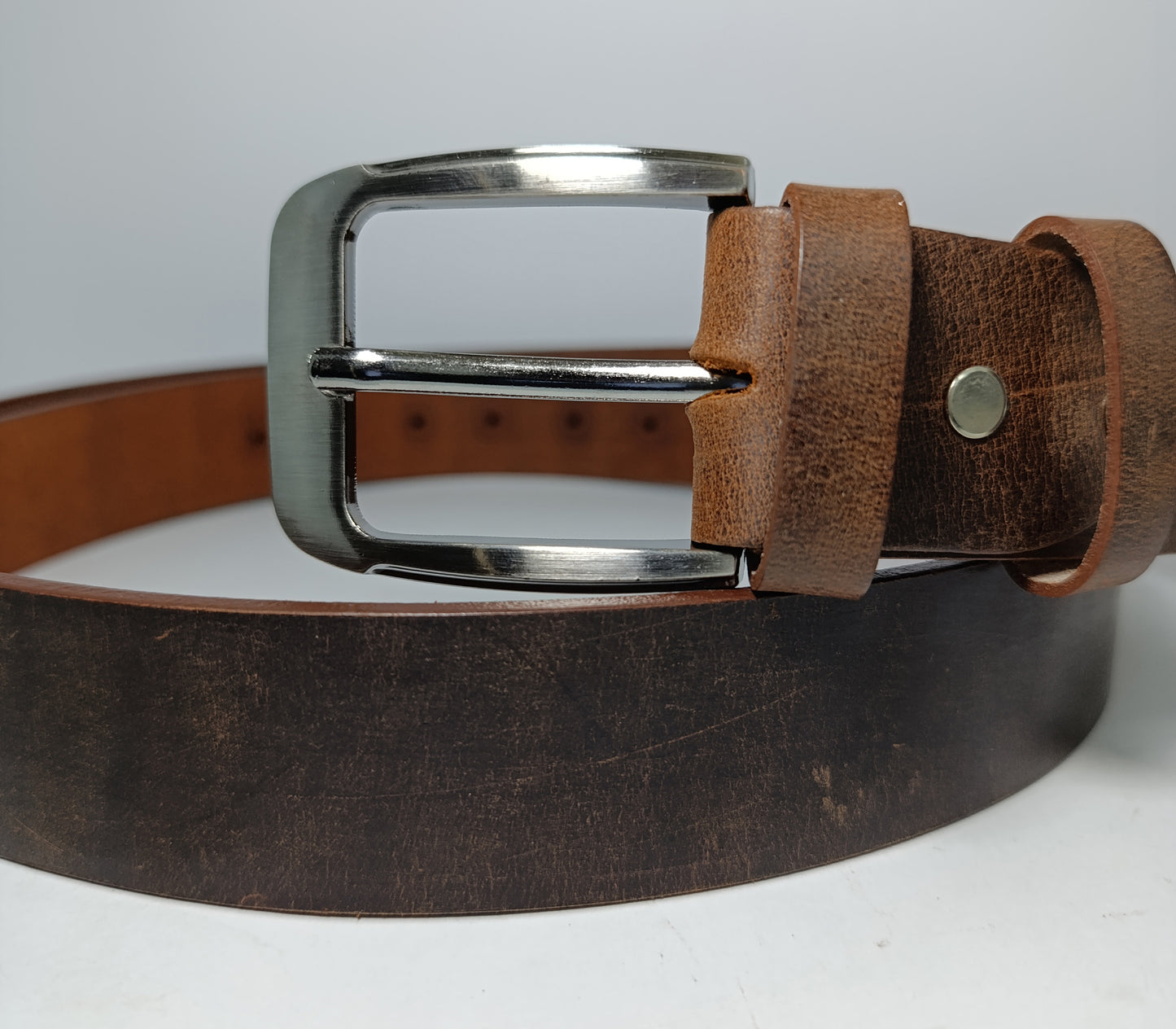 Premium Two Tone Full Grain Leather Belt with Brushed Metal Buckle