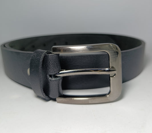 Classic Black Full Grain Leather Belt with Polished Metal Buckle